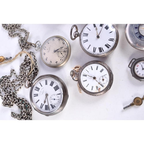 840 - A GROUP OF EIGHT SILVER POCKET WATCHES SOME WITH CHAINS AND KEYS.  Various marks, total weight 869g