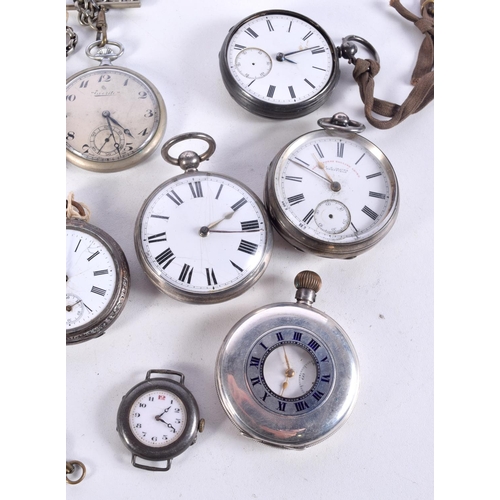 840 - A GROUP OF EIGHT SILVER POCKET WATCHES SOME WITH CHAINS AND KEYS.  Various marks, total weight 869g