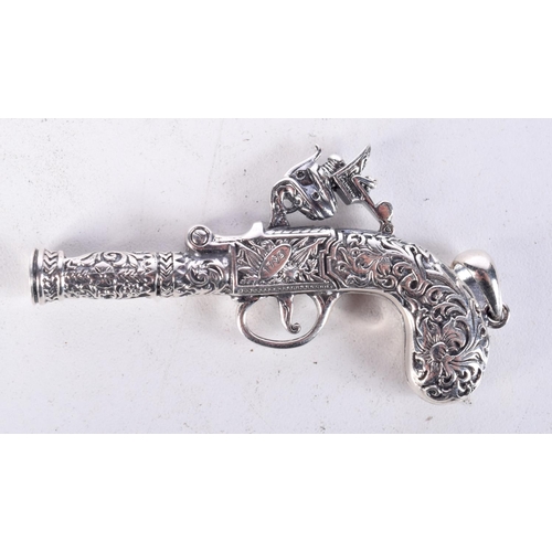 857 - A MINIATURE SILVER PISTOL WHISTLE PENDANT.  7.2cm x 3.6cm, weight 22.7g