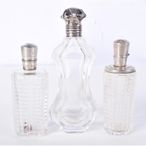 869 - THREE SILVER TOPPED SCENT BOTTLES.  Largest 11.4cm high (3)