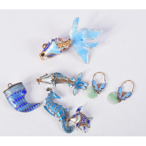 969 - ASSORTED  ENAMEL JEWELLERY.  5 PENDANTS AND A PAIR OF EARRINGS. (6)