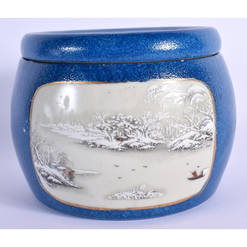 1502 - A RARE CHINESE REPUBLICAN PERIOD BLUE GLAZED CENSER AND COVER decorated with snowy landscapes. 12 cm... 