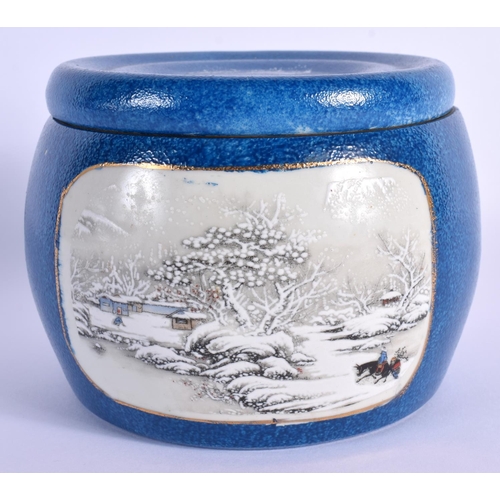 1502 - A RARE CHINESE REPUBLICAN PERIOD BLUE GLAZED CENSER AND COVER decorated with snowy landscapes. 12 cm... 