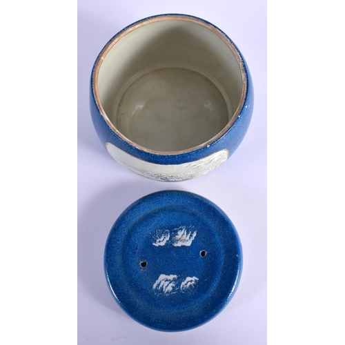 1502 - A RARE CHINESE REPUBLICAN PERIOD BLUE GLAZED CENSER AND COVER decorated with snowy landscapes. 12 cm... 