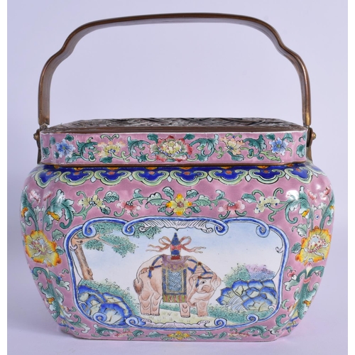 1518 - A VERY RARE 18TH/19TH CENTURY CHINESE CANTON ENAMEL HAND WARMER AND COVER Qianlong/Jiaqing. 17 cm x ... 