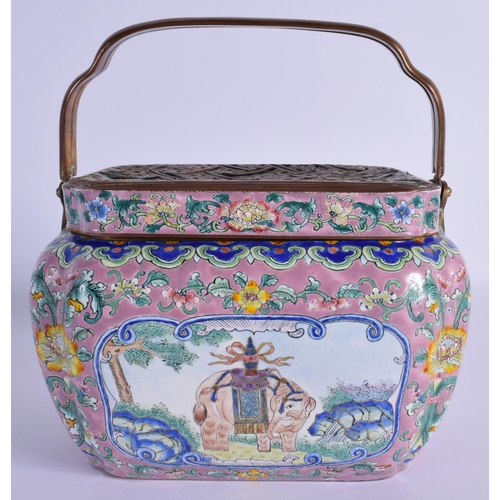 1518 - A VERY RARE 18TH/19TH CENTURY CHINESE CANTON ENAMEL HAND WARMER AND COVER Qianlong/Jiaqing. 17 cm x ... 