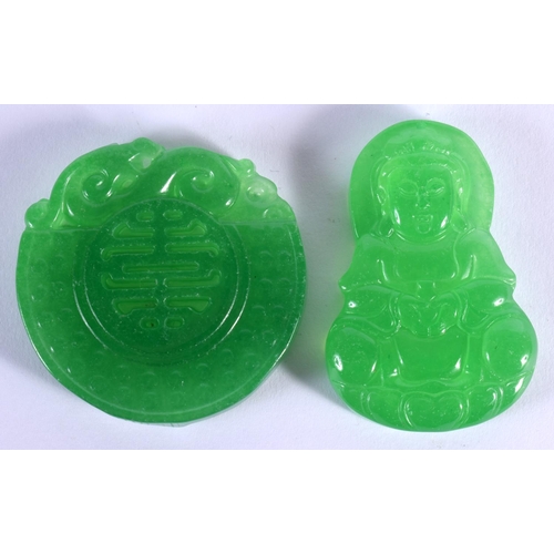 1525 - A CHINESE CARVED GREEN JADE PLAQUE 20th Century, together with another. 5 cm wide. (2)