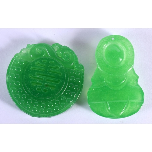 1525 - A CHINESE CARVED GREEN JADE PLAQUE 20th Century, together with another. 5 cm wide. (2)