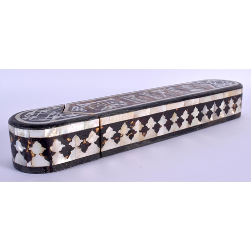 1539 - AN OTTOMAN TURKISH MIDDLE EASTERN MOTHER OF PEARL INLAID TORTOISESHELL PEN BOX decorated with script... 