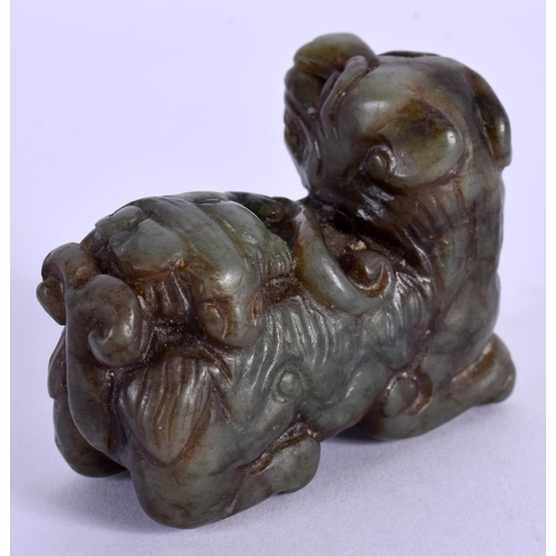 1546 - A LATE 19TH CENTURY CHINESE CARVED JADE FIGURE OF A BEAST modelled holding a fungus. 5 cm x 4 cm.