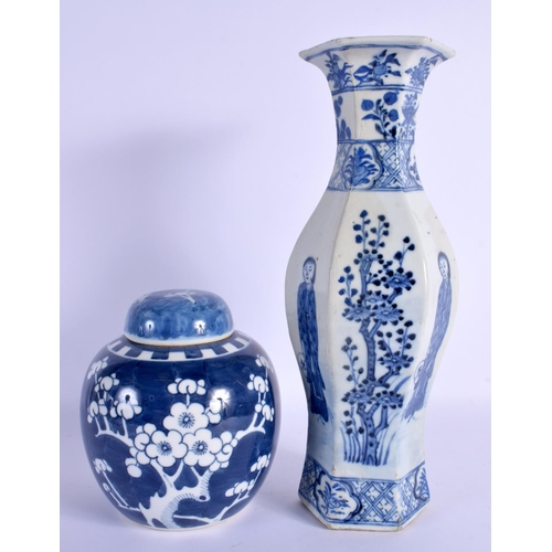 1562 - A LARGE 19TH CENTURY CHINESE BLUE AND WHITE PORCELAIN VASE bearing Kangxi marks to base, together wi... 