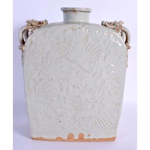 1565 - A CHINESE MONOCHROME CELADON TYPE TWIN HANDLED VASE moulded with birds and foliage. 23 cm x 16 cm.