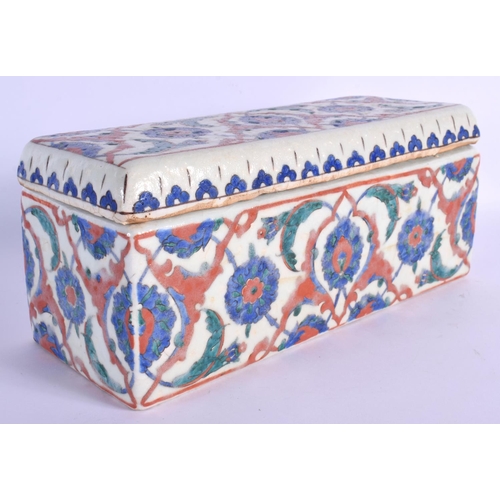 1567 - A RARE TURKISH OTTOMAN FAIENCE GLAZED DOCUMENT BOX AND COVER painted with flowers. 28 cm x 12 cm.