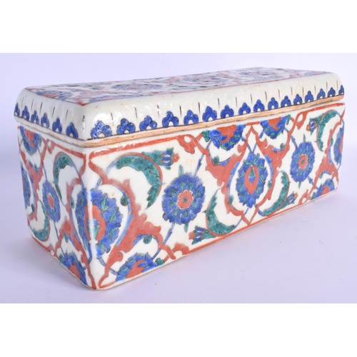 1567 - A RARE TURKISH OTTOMAN FAIENCE GLAZED DOCUMENT BOX AND COVER painted with flowers. 28 cm x 12 cm.