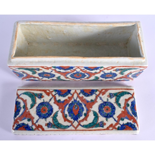 1567 - A RARE TURKISH OTTOMAN FAIENCE GLAZED DOCUMENT BOX AND COVER painted with flowers. 28 cm x 12 cm.