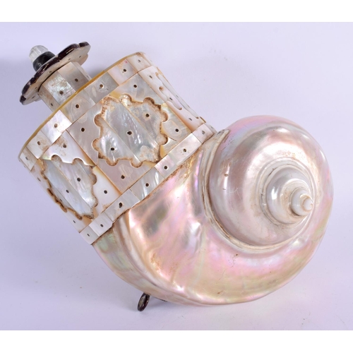 1568 - AN INDIAN GOA CARVED MOTHER OF PEARL POWDER FLASK in the form of a cornucopia shell. 18 cm x 11 cm.