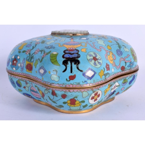 1576 - AN EARLY 20TH CENTURY CHINESE CLOISONNE ENAMEL BOX AND COVER inset with a jade plaque. 16 cm square.