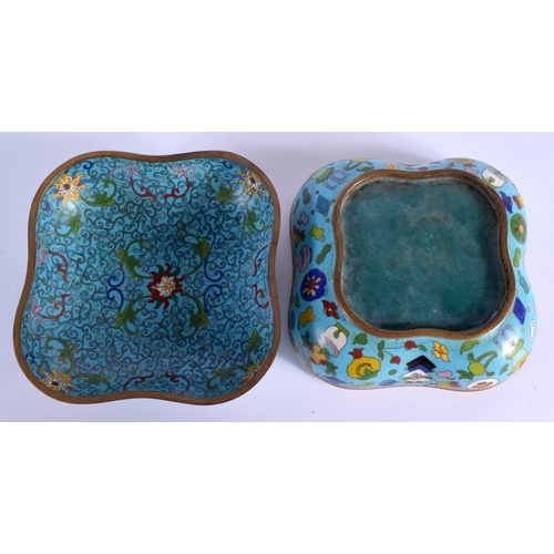 1576 - AN EARLY 20TH CENTURY CHINESE CLOISONNE ENAMEL BOX AND COVER inset with a jade plaque. 16 cm square.