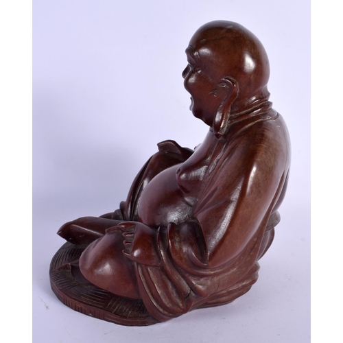 1585 - A 19TH CENTURY CHINESE CARVED ROOTWOOD FIGURE OF A BUDDHA modelled in robes. 24 cm x 12 cm.