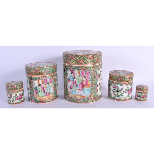 1590 - A RARE SET OF FIVE 19TH CENTURY CHINESE CANTON FAMILLE ROSE BOXES AND COVERS Qing. Largest 12 cm x 9... 