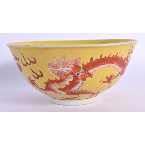 1591 - AN EARLY 20TH CENTURY CHINESE YELLOW GROUND IRON RED DRAGON BOWL Guangxu. 13 cm diameter.