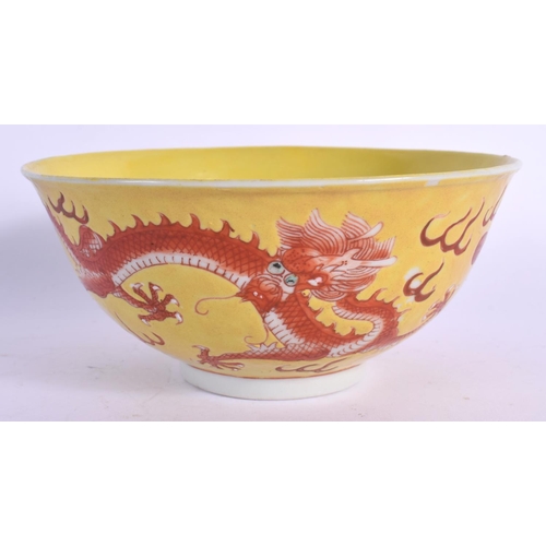 1591 - AN EARLY 20TH CENTURY CHINESE YELLOW GROUND IRON RED DRAGON BOWL Guangxu. 13 cm diameter.