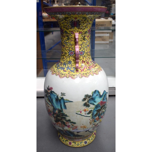 1592 - A VERY LARGE EARLY 20TH CENTURY CHINESE TWIN HANDLED FAMILLE ROSE VASE Late Qing/Republic, painted w... 