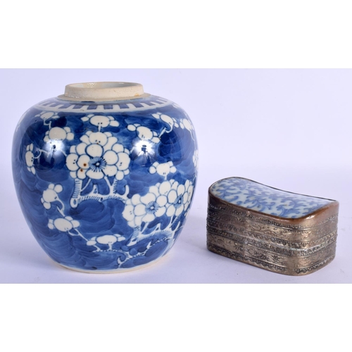 1596 - A 19TH CENTURY CHINESE BLUE AND WHITE PRUNUS GINGER JAR bearing Kangxi marks to base, together with ... 