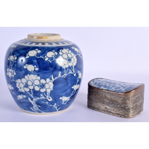 1596 - A 19TH CENTURY CHINESE BLUE AND WHITE PRUNUS GINGER JAR bearing Kangxi marks to base, together with ... 