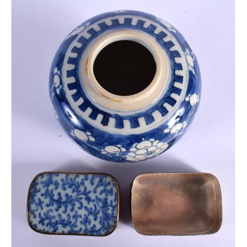 1596 - A 19TH CENTURY CHINESE BLUE AND WHITE PRUNUS GINGER JAR bearing Kangxi marks to base, together with ... 