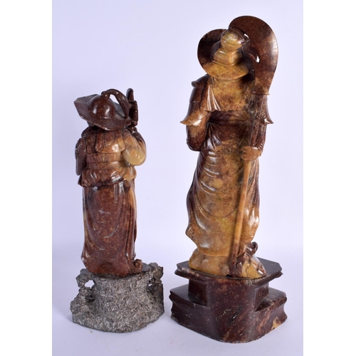 1602 - A LARGE PAIR OF LATE 19TH CENTURY CHINESE CARVED SOAPSTONE FIGURES Late Qing. 32 cm high.