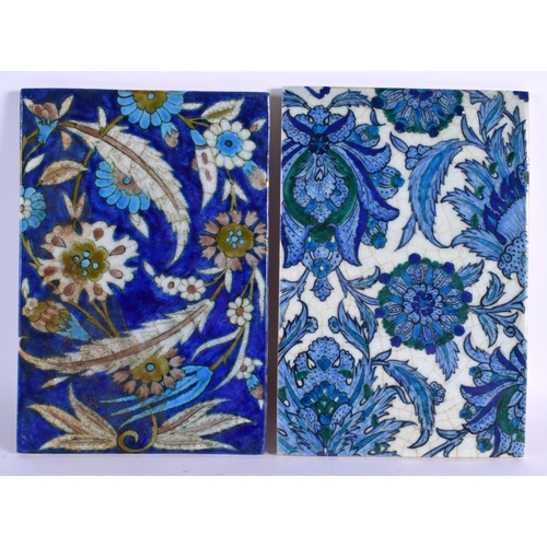 1605 - A PAIR OF OTTOMAN TURKISH MIDDLE EASTERN FAIENCE TILES painted with foliage. 23 cm x 15 cm.