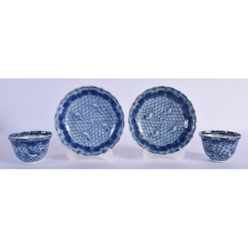 1610 - A PAIR OF 18TH CENTURY CHINESE EXPORT BLUE AND WHITE PORCELAIN TEABOWLS AND SAUCERS Qianlong. (4)