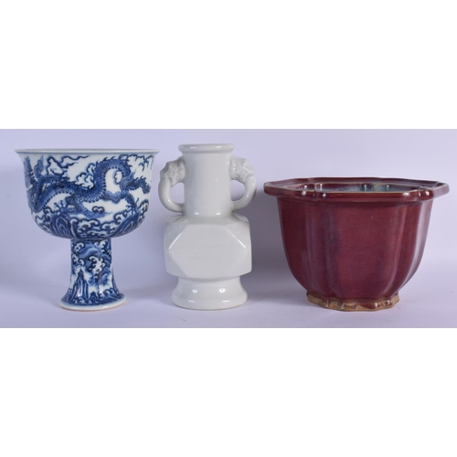 1615 - A CHINESE BLUE AND WHITE PORCELAIN STEM CUP 20th Century, together with a junyao censer and a blanc ... 