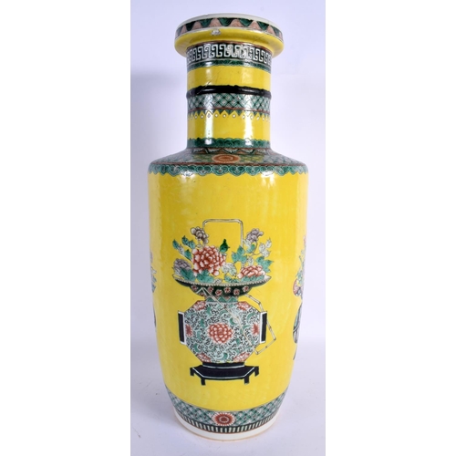 1620 - A RARE LARGE 19TH CENTURY CHINESE FAMILLE JAUNE ROULEAU VASE Kangxi style. 45 cm high.