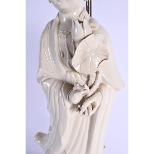 1627 - A LARGE EARLY 20TH CENTURY CHINESE BLANC DE CHINE PORCELAIN FIGURE converted to a lamp. 58 cm high o... 