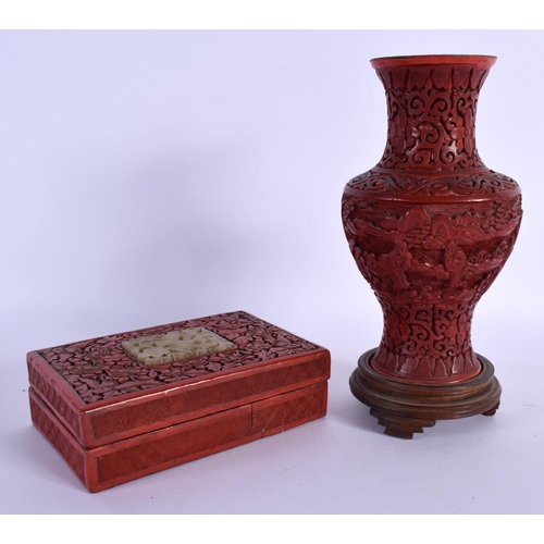 1628 - A 19TH CENTURY CHINESE CARVED CINNABAR LACQUER VASE together with a similar box. Largest 21 cm high.