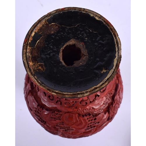 1628 - A 19TH CENTURY CHINESE CARVED CINNABAR LACQUER VASE together with a similar box. Largest 21 cm high.