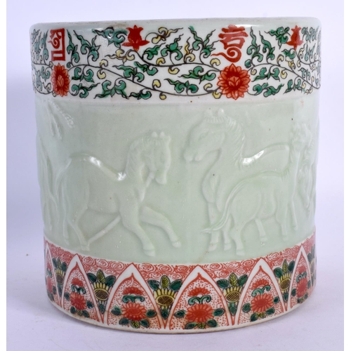 1632 - A CHINESE CELADON WUCAI PORCELAIN BRUSH POT 20th Century. 13 cm x 11 cm.