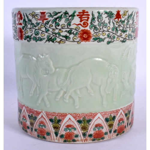 1632 - A CHINESE CELADON WUCAI PORCELAIN BRUSH POT 20th Century. 13 cm x 11 cm.