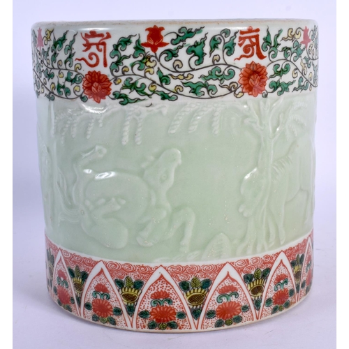 1632 - A CHINESE CELADON WUCAI PORCELAIN BRUSH POT 20th Century. 13 cm x 11 cm.