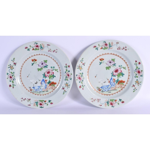 1646 - A PAIR OF 18TH CENTURY CHINESE EXPORT FAMILLE ROSE PORCELAIN PLATES Qianlong. 22 cm diameter.