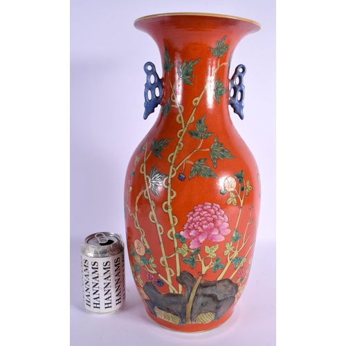 1651 - A LARGE EARLY 20TH CENTURY CHINESE CORAL GROUND PORCELAIN VASE Late Qing/Republic. 43 cm high.