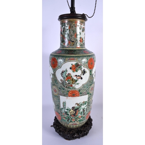 1653 - A LARGE 19TH CENTURY CHINESE FAMILLE VERTE PORCELAIN ROULEAU VASE Kangxi style, converted to a lamp.... 