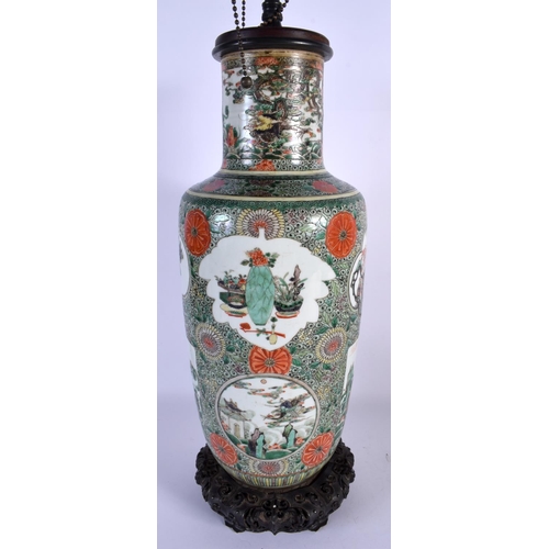 1653 - A LARGE 19TH CENTURY CHINESE FAMILLE VERTE PORCELAIN ROULEAU VASE Kangxi style, converted to a lamp.... 