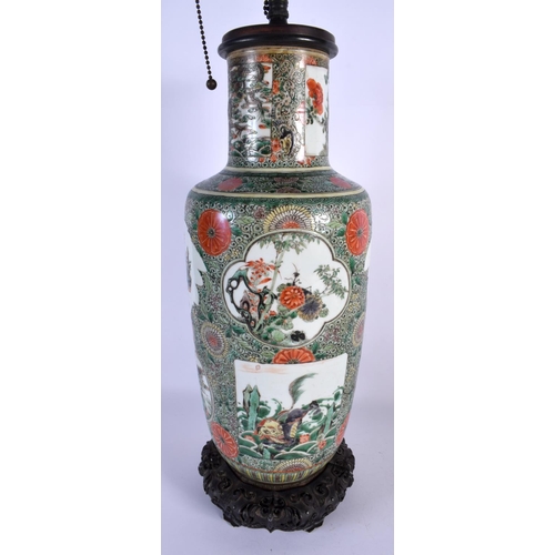 1653 - A LARGE 19TH CENTURY CHINESE FAMILLE VERTE PORCELAIN ROULEAU VASE Kangxi style, converted to a lamp.... 