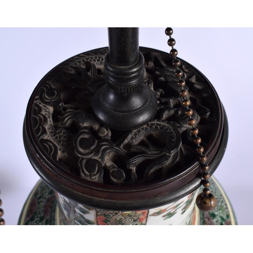 1653 - A LARGE 19TH CENTURY CHINESE FAMILLE VERTE PORCELAIN ROULEAU VASE Kangxi style, converted to a lamp.... 