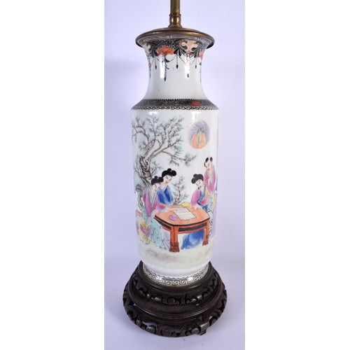 1654 - A CHINESE REPUBLICAN PERIOD FAMILLE ROSE ROULEAU VASE converted to a lamp. 66 cm high.