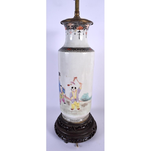 1654 - A CHINESE REPUBLICAN PERIOD FAMILLE ROSE ROULEAU VASE converted to a lamp. 66 cm high.