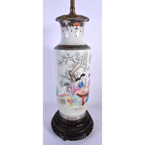 1654 - A CHINESE REPUBLICAN PERIOD FAMILLE ROSE ROULEAU VASE converted to a lamp. 66 cm high.